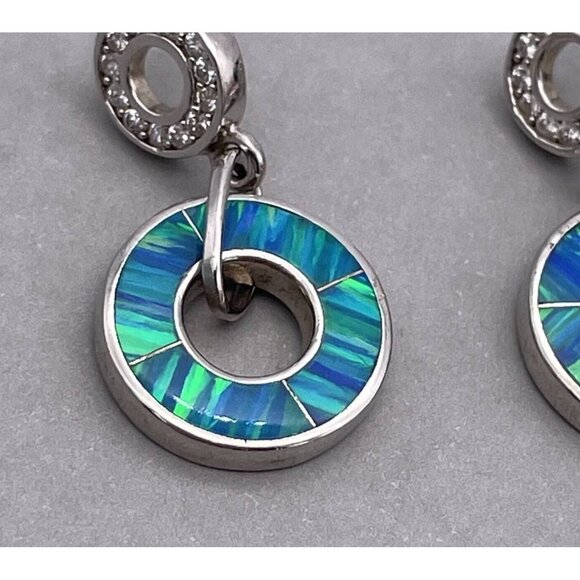 Havana 925 Sterling Silver Synthetic Opal Cubic Zirconia Dangle Hoop Earrings - Picture 4 of 8